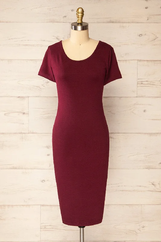 Athens Burgundy | Short Sleeve Fitted Midi Dress Chic Off-Shoulder Midi Dress