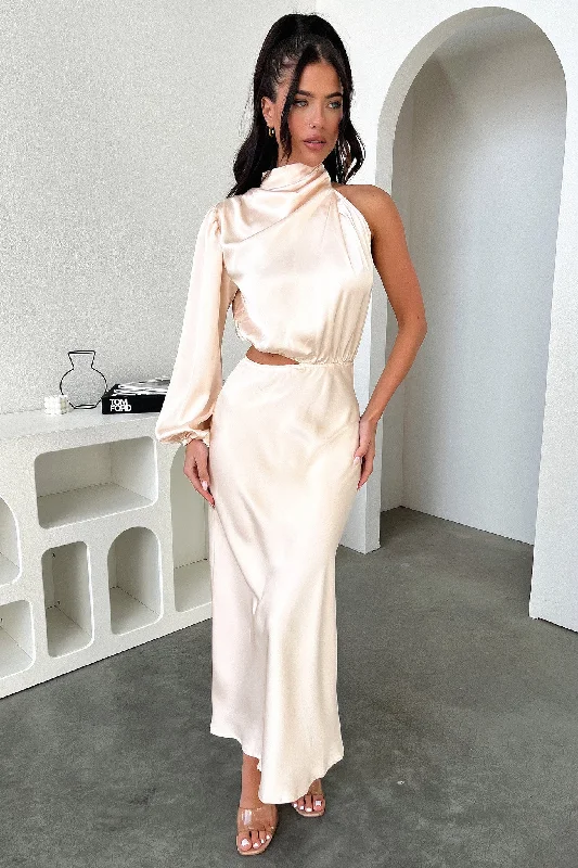 Atonia Midi Dress - Champagne Trendy Mock Neck Midi Dress