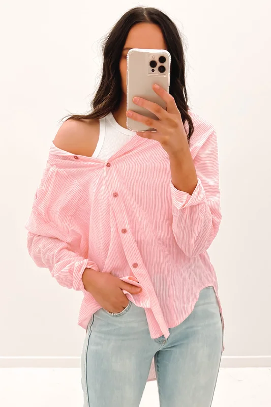 Ava Shirt Pink Stripe Casual Plain Short Shirt