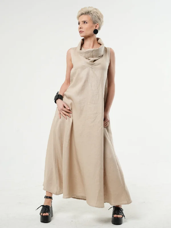 Beige Linen Maxi Dress With Large Collar Elegant Tiered Maxi Dress