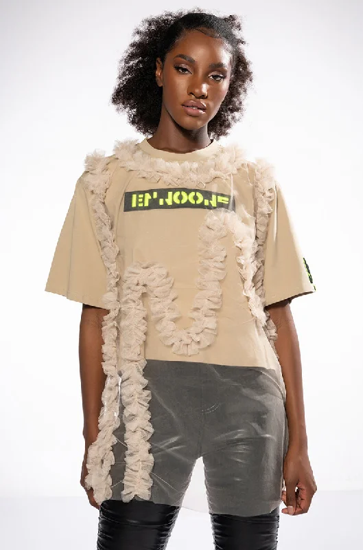BEIGE RUFFLE TSHIRT Fashionable Plaid Short Sleeve