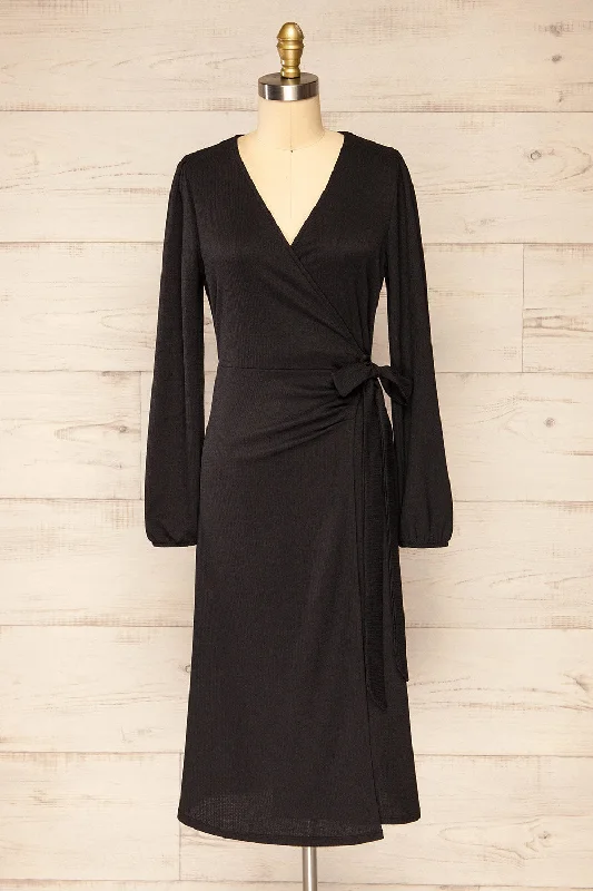 Belfort Black | Textured Wrap Midi Dress w/ Long Sleeves Trendy Square Neck Midi Dress Belfort Black | Textured Wrap Midi Dress w/ Long Sleeves Trendy Square Neck Midi Dress