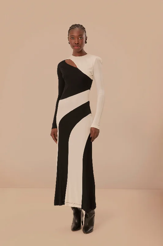 Black And White Cut-Out Long Sleeve Midi Dress Cozy T-shirt Midi Dress