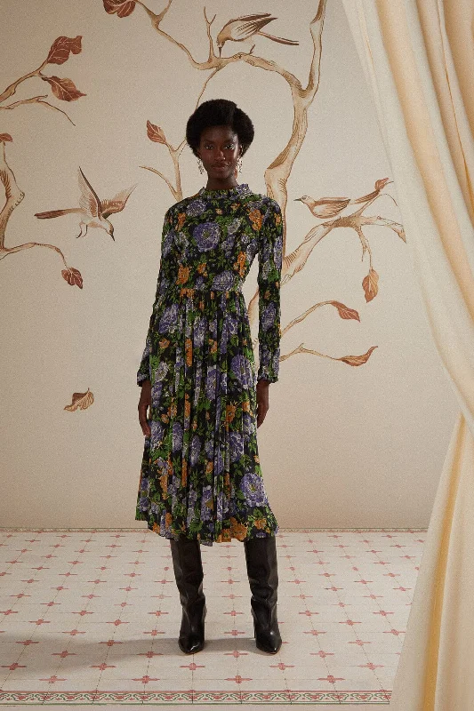 Black Capri Floral Midi Dress Long Sleeve Fashionable Sheer Sleeve Midi Dress