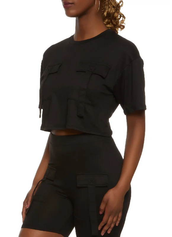 Cargo Pocket Detail Cropped T Shirt Relaxed Button-Down Short Shirt
