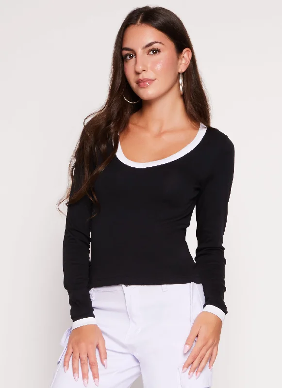 Contrast Trim Long Sleeve T Shirt Fashionable Button-Front Short Sleeve