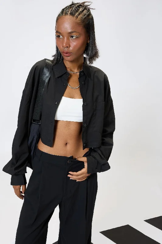 Black Cropped Cotton Shirt Fashionable Rounded Short Shirt