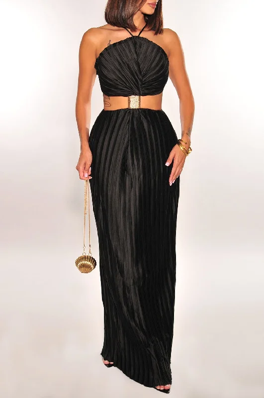 Black Pleated Halter Gold Cuff Strappy Cut Out Maxi Dress Trendy Maxi Dress with Bow