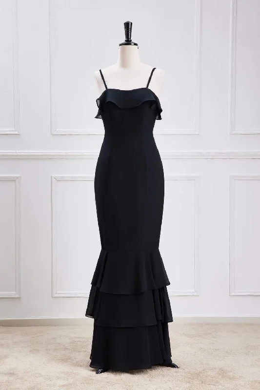 Black Straps Ruffle Multi-Layer Chiffon Maxi Dress Trendy Maxi Dress with Lace