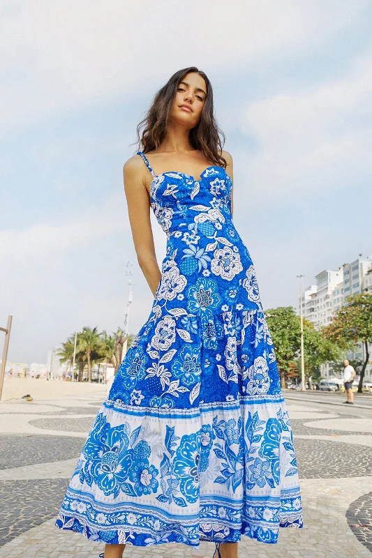 Blue Full Of Flowers Organic Cotton Midi Dress Cozy Tie-Dye Midi Dress