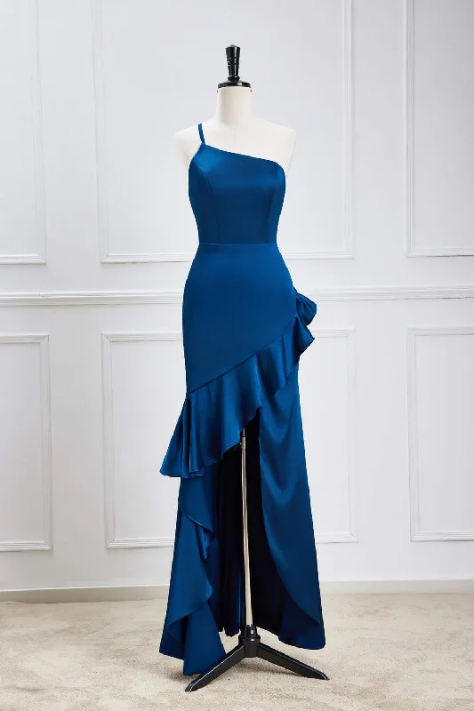 Blue One Shoulder Ruffle Satin Mermaid Maxi Dress Stylish One-Shoulder Maxi Dress