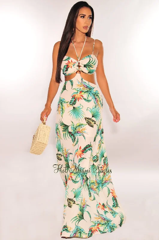 Blush Tropical Print Strappy Cut Out Maxi Dress Stylish Pleated A-Line Maxi Dress