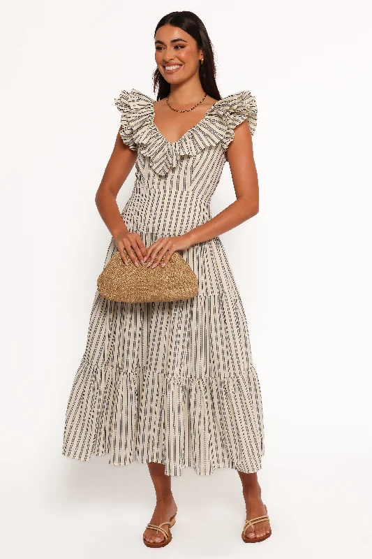 Bobbie Midi Dress - Neutral Stripe Fashionable Shift Midi Dress