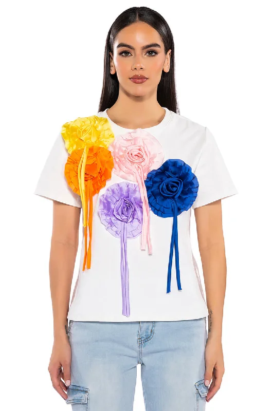 BOUQUET OF FLOWERS FABRIC DETAIL TSHIRT Fashionable Draped Short Sleeve