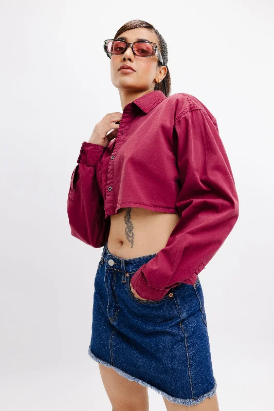 Burgundy Full Sleeves Crop Shirt Modern Casual Short Sleeve