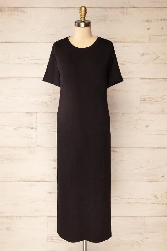Bucarest Black | Relaxed Fit Midi Dress w/ Short Sleeves Trendy Tiered Hem Midi Dress Bucarest Black | Relaxed Fit Midi Dress w/ Short Sleeves Trendy Tiered Hem Midi Dress