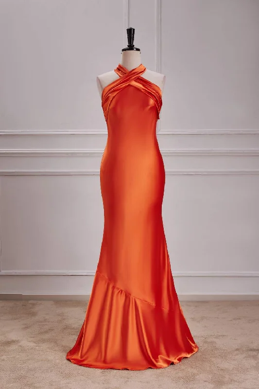Burnt Orange Halter Mermaid Satin Maxi Dress Elegant Silk Maxi Dress