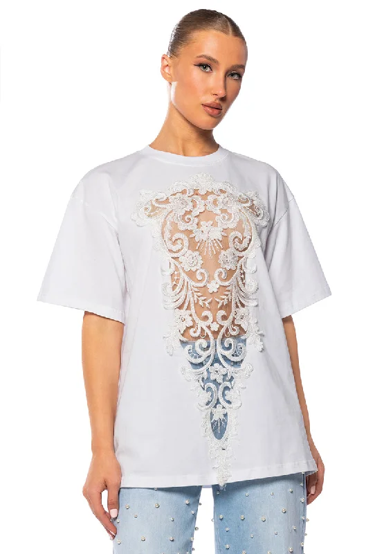 CARA SHEER LACE DETAILED T SHIRT IN WHITE Comfortable Short Sleeve Tunic
