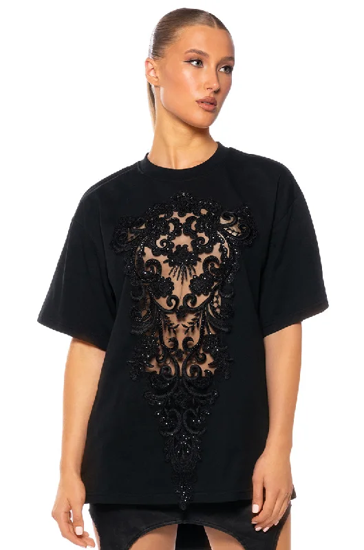 CARA SHEER LACE DETAILED T SHIRT Fashionable Draped Short Sleeve