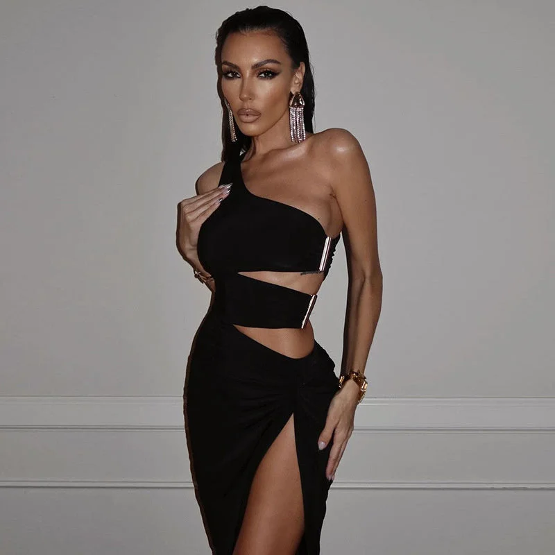 Carmen One Shoulder Hollow Out Midi Dress Stylish Vintage Midi Dress