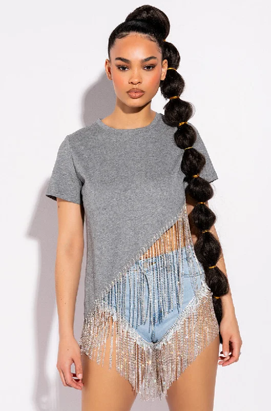 CASCADING RHINESTONE CREW NECK T SHIRT Stylish Split-Hem Short Shirt