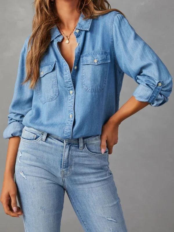 Casual lapel single-breasted long-sleeved denim shirt Comfortable Stretch Short Shirt
