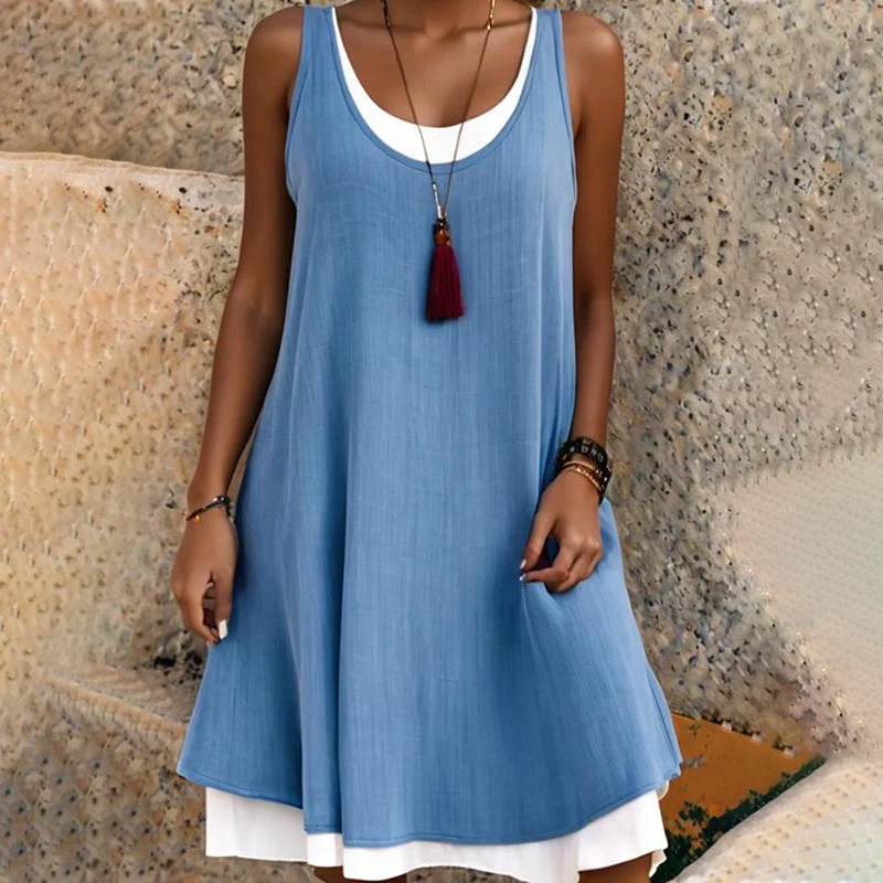Casual Sleeveless Fake Two Piece Midi Dress Trendy Off-Shoulder Ruffle Midi Dress