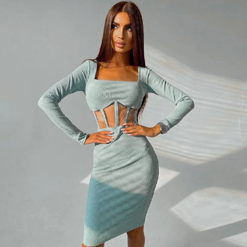 BerryBetty - Square Neck Long Sleeve Mesh Panel Rib Knit Midi Dress - Teal Elegant Floral Skirt Midi Dress BerryBetty - Square Neck Long Sleeve Mesh Panel Rib Knit Midi Dress - Teal Elegant Floral Skirt Midi Dress