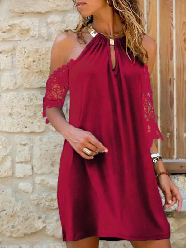 BerryBetty - Cold Shoulder Lace Halter Midi Dress Trendy Ruched Side Midi Dress