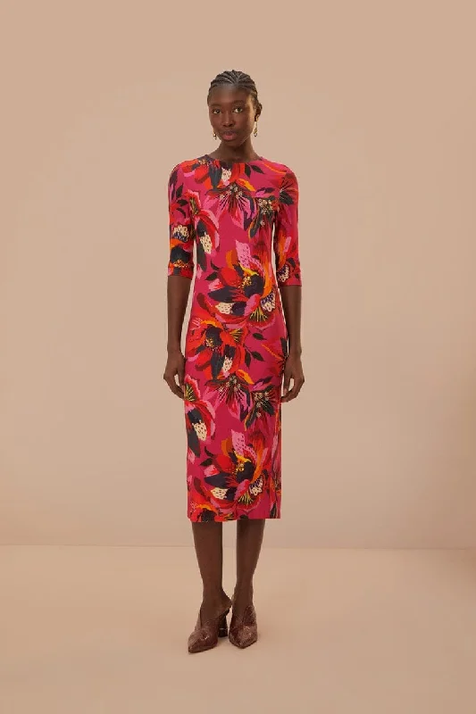 Colorful Flowers Jersey Midi Dress Comfortable Ruched Midi Dress