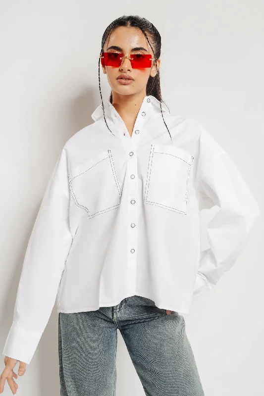 Contrast Stitch White Oversized Shirt Soft Cotton Short Tee