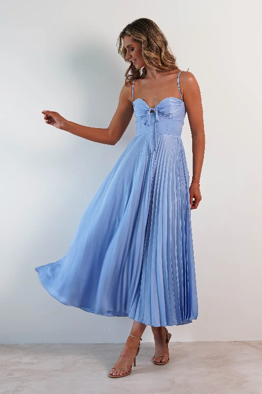 Cooper Pleated Midi Dress | Blue Stylish High-Waisted Midi Dress