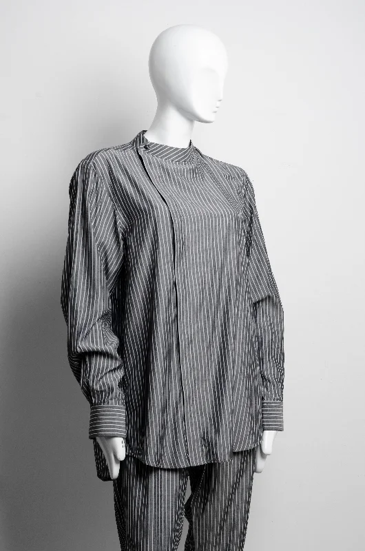 Striped Grey Shirt Elegant Silk Short Shirt