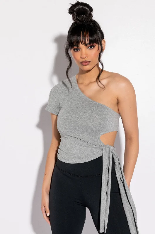 CORA ONE SHOULDER CUT OUT SIDE TIE T SHIRT Elegant Longline Short Shirt