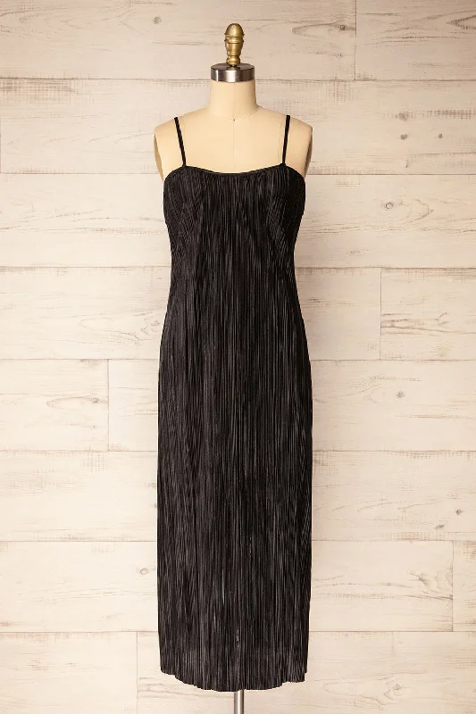 Cordoba Black | Pleated Midi Dress Comfortable Ribbed Midi Dress