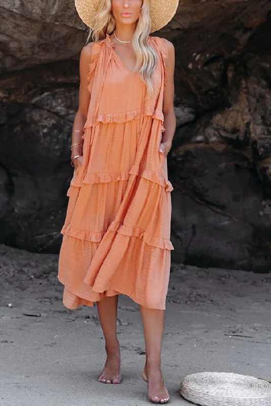 COTTON BLEND POCKETED TIERED MIDI DRESS Comfortable Button Front Midi Dress
