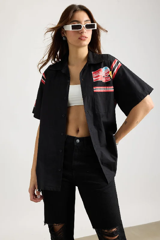 Cotton Poplin Women's Garage Shirt - Black With Sleeve Stripes Comfortable Pocket Short Shirt