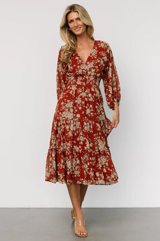 Coventry Tiered Midi Dress | Rust Floral Trendy Square Neck Midi Dress