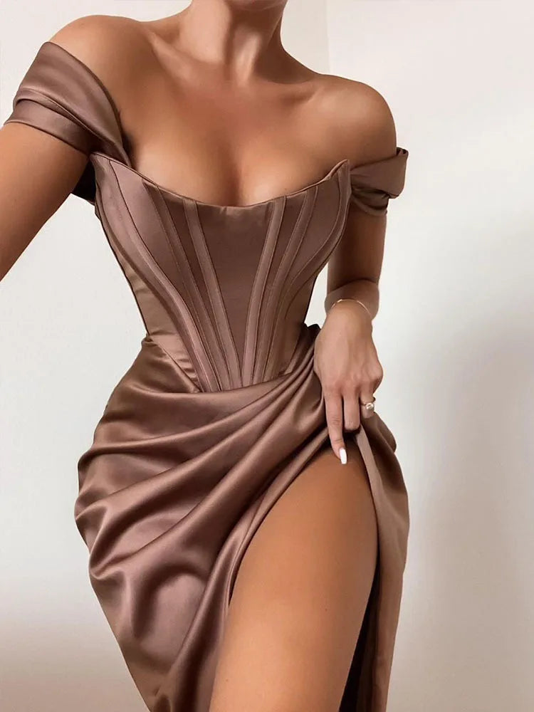 Stretch Satin High Split Off Shoulder Sexy Party Summer With Fishbone Midi Dress Cozy A-Line Midi Dress Stretch Satin High Split Off Shoulder Sexy Party Summer With Fishbone Midi Dress Cozy A-Line Midi Dress