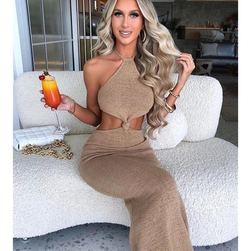 Halter Knitted Backless Summer Temperament Elegant Slim Bodycon Long Midi Dress Comfortable Stretch Midi Dress Halter Knitted Backless Summer Temperament Elegant Slim Bodycon Long Midi Dress Comfortable Stretch Midi Dress