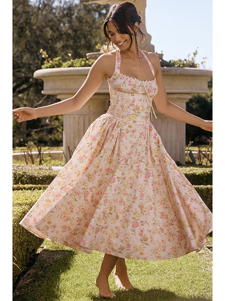 Waist Wrap Print A-line Long Halter Spring Summer Backless Sexy Midi Dress Stylish Tiered Midi Dress Waist Wrap Print A-line Long Halter Spring Summer Backless Sexy Midi Dress Stylish Tiered Midi Dress