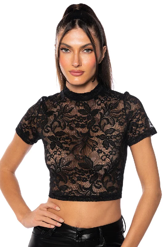 CRISTINA SHORT SLEEVE LACE T SHIRT IN BLACK Cozy Loose Fit Short Sleeve
