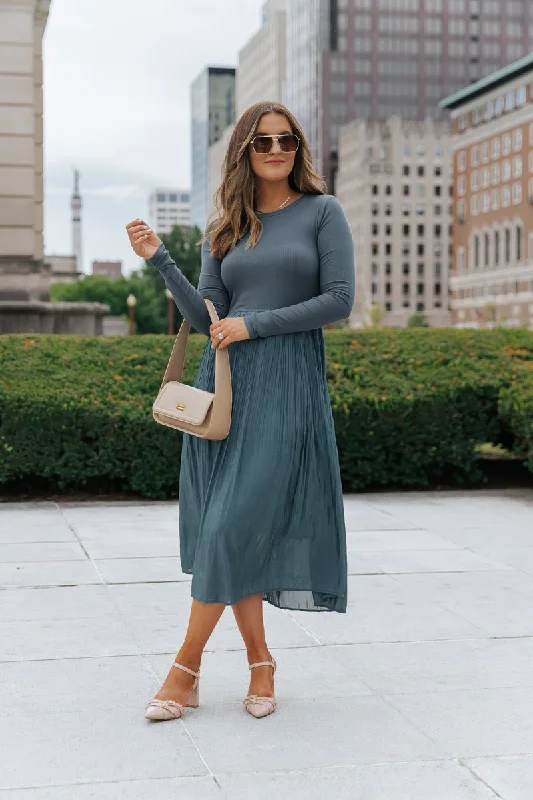 Dark Teal Contrast Pleated Midi Dress Trendy A-Line Midi Dress
