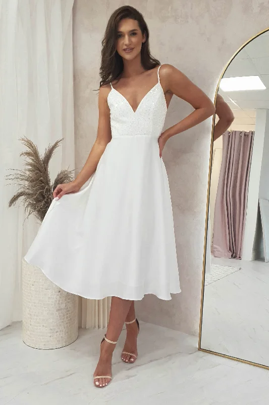 Darlene Embellished Satin Midi Dress | White Cozy A-Line Midi Dress