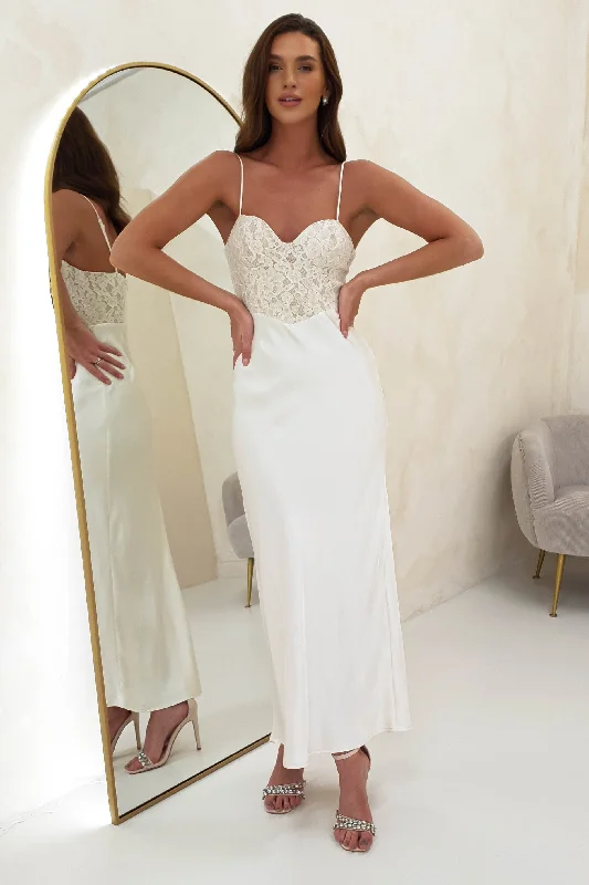 Darling Lace Detail Midi Dress | Ivory/Cream Elegant Satin Button Midi Dress