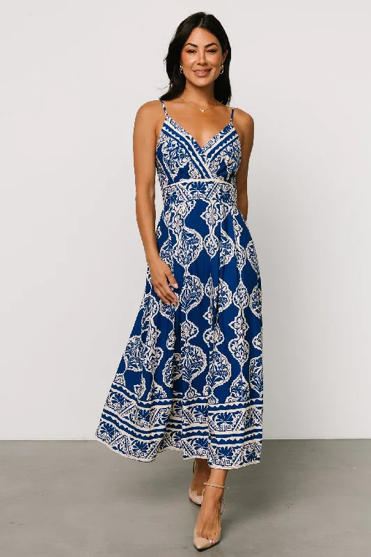 Delia Midi Dress | Blue Print Cozy Midi Dress with Pockets