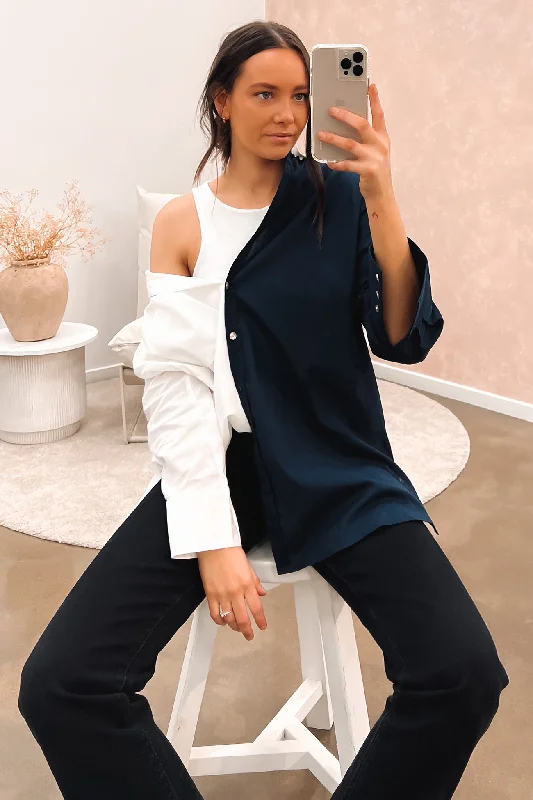 Dimity Shirt Navy White Trendy Short Sleeve Blouse