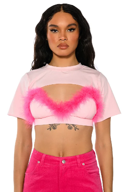 DIONNE FEATHER TRIM BRA AND ULTRA CROP TSHIRT SET Stylish Split-Hem Short Shirt