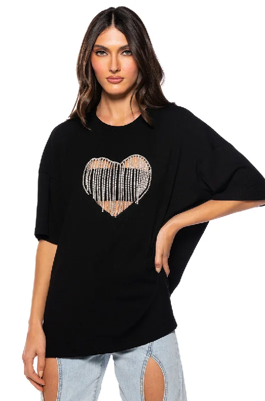 DRIPPING RHINESTONE HEART OVERSIZED TSHIRT Casual Ruffle Short Shirt