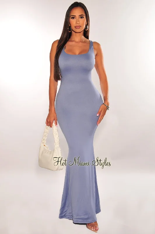 Dusty Blue Sleeveless Mermaid Maxi Dress Trendy Satin Maxi Dress